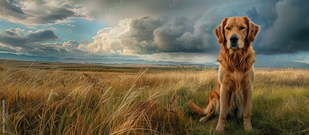 Poster golden retriever dog in a lovely meadow under a cloudy sky. with copy space image. place for adding 