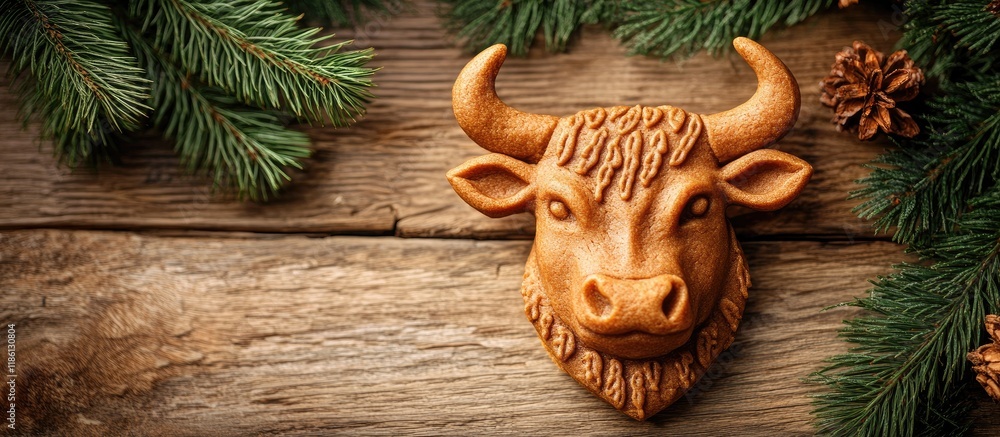 Poster ginger cakes shaped like a bull s face on a wooden surface with a backdrop adorned with fir branches