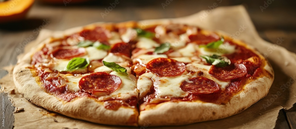 Poster pizza topped with salami pumpkin sauce onions and mozzarella cheese on a rustic table. with copy spa
