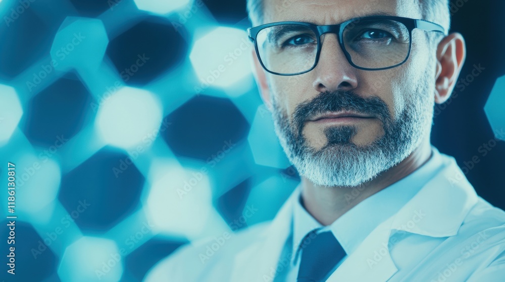 Poster a scientist with glasses confidently stands in a laboratory illuminated by vibrant hexagonal light p