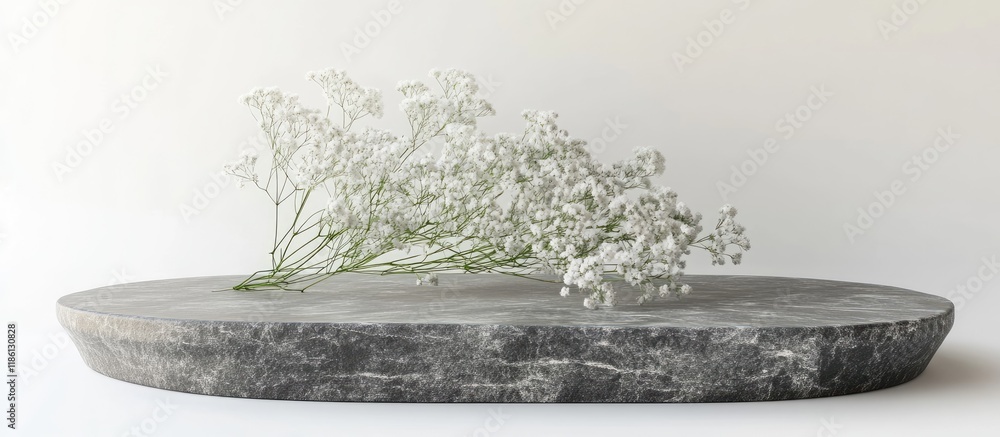 Aufkleber mock up display shelf featuring a gray stone pedestal scene with gypsophila flower on a white backgr