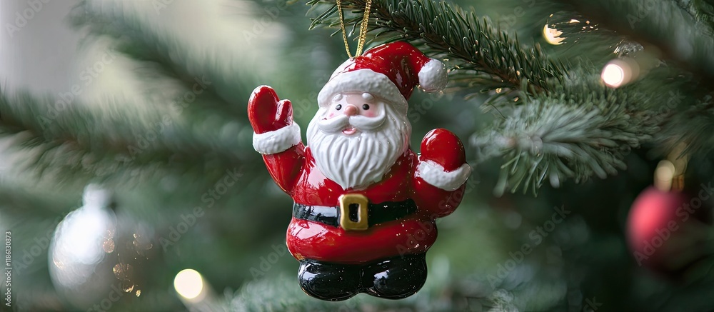 Aufkleber mini santa claus red glove ceramic ornament hanging on a christmas tree. with copy space image. plac