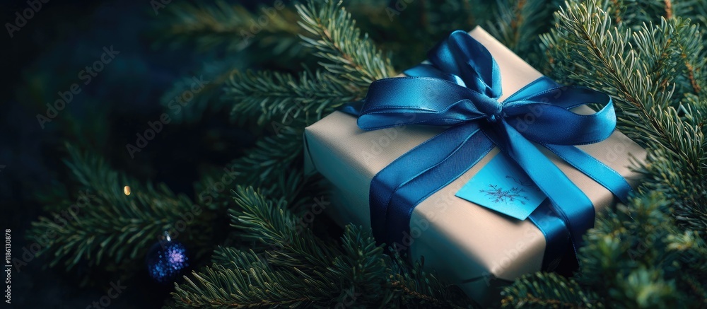 Fototapete Gift box tied with a blue ribbon and a Christmas card resting on pine branches. with copy space image. Place for adding text or design