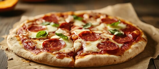 Pizza topped with salami pumpkin sauce onions and mozzarella cheese on a rustic table. with copy space image. Place for adding text or design