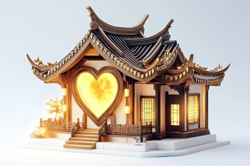 Fototapeta premium Illuminated Asian Style House with Heart Shaped Window