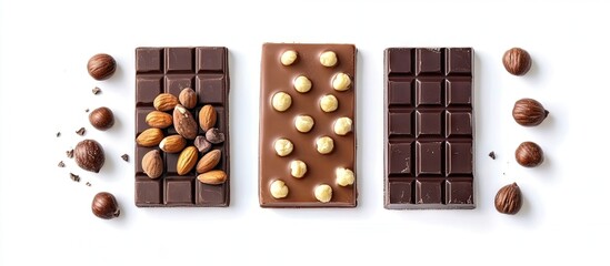 Fototapeta premium Milk and dark chocolate bars with hazelnuts isolated on white. with copy space image. Place for adding text or design