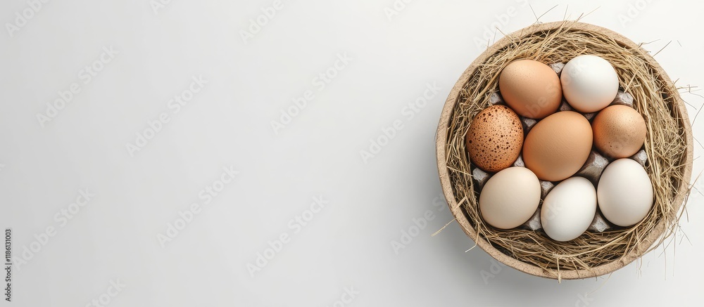 Aufkleber eggs in a circular container with hay on a white background concept of easter composition spring hol