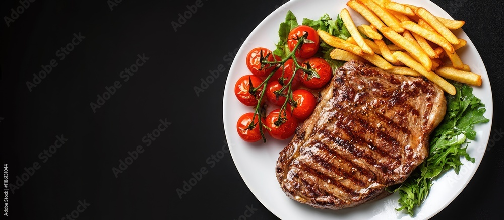 Fototapete Tasty grilled steak served with cherry tomatoes and fries. with copy space image. Place for adding text or design