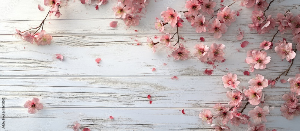 Aufkleber pink spring blossoms on a white wooden surface. with copy space image. place for adding text or desi