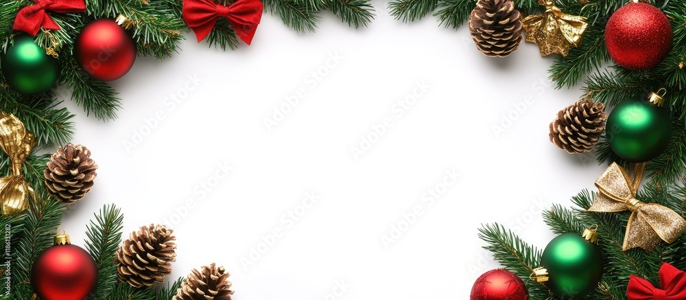 Leinwandbilder Christmas frame featuring red green and gold balls bows fir branches and pine cones set against a white background. with copy space image. Place for adding text or design