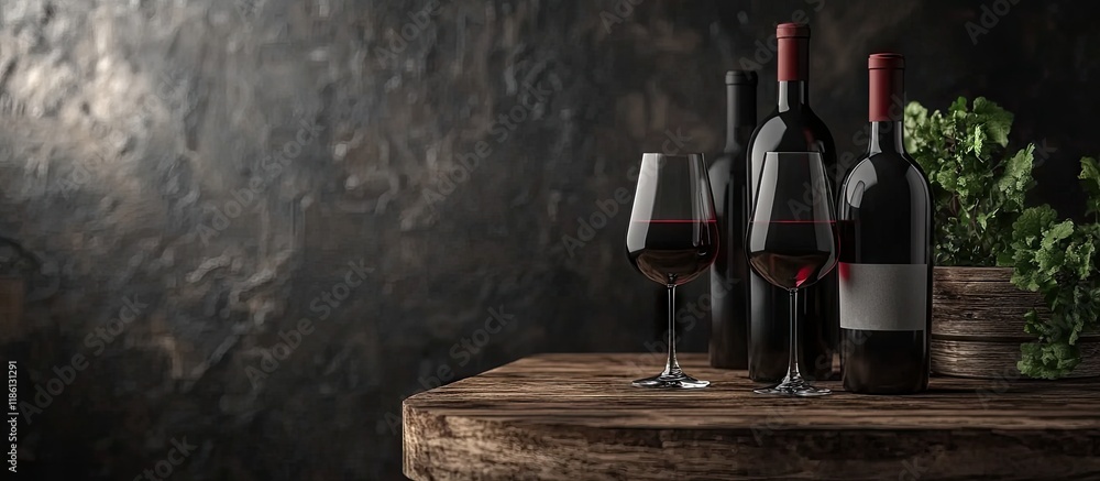 Aufkleber wine bottles and a glass on a table with copyspace background