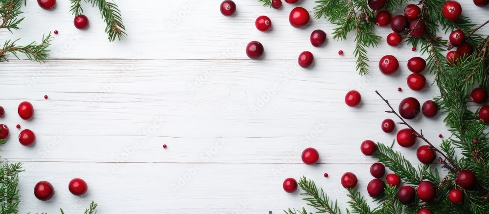 Poster fresh ripe cranberries and branches on a white wooden table top view area for text. with copy space 