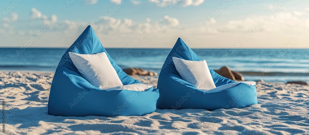 Aufkleber empty modern blue and white triangular bean bag chairs and pillows placed on the sandy beach with co
