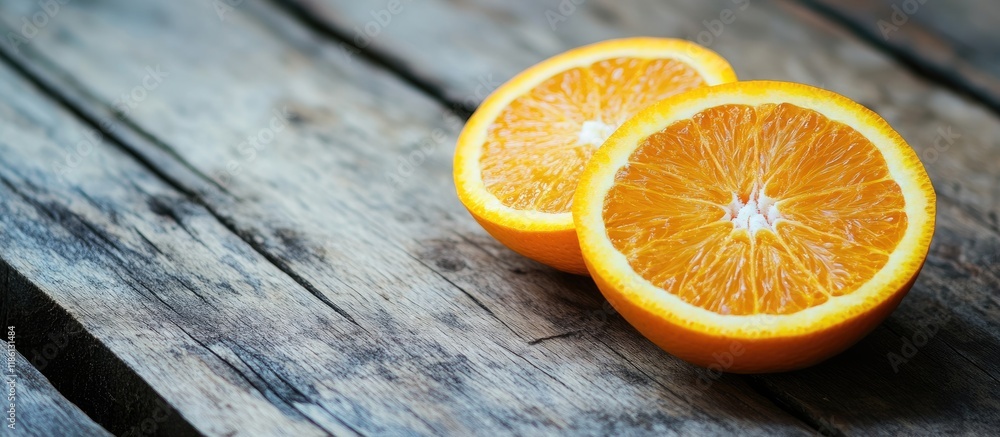 Poster close up of two orange halves on a rustic table positioned vertically with copy space