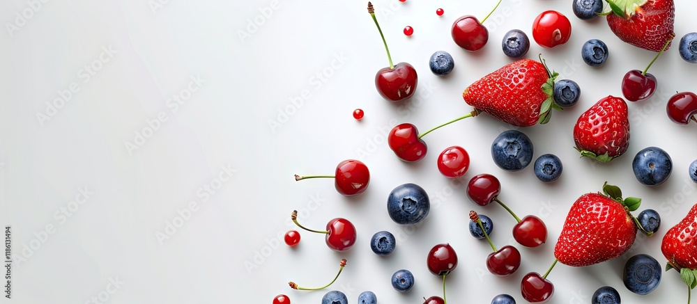 Poster fresh summer berries cherry blueberry and strawberry top view with copyspace for your text