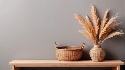 Interior wall mockup in minimalist Japandi style with wooden console, on empty marigold background