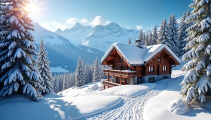 Naklejka premium Snowy winter wonderland scene shows chalet nestled in alpine forest. Wooden chalet architecture stands out against snow-covered landscape. Sunny day creates beautiful atmosphere. Picturesque winter