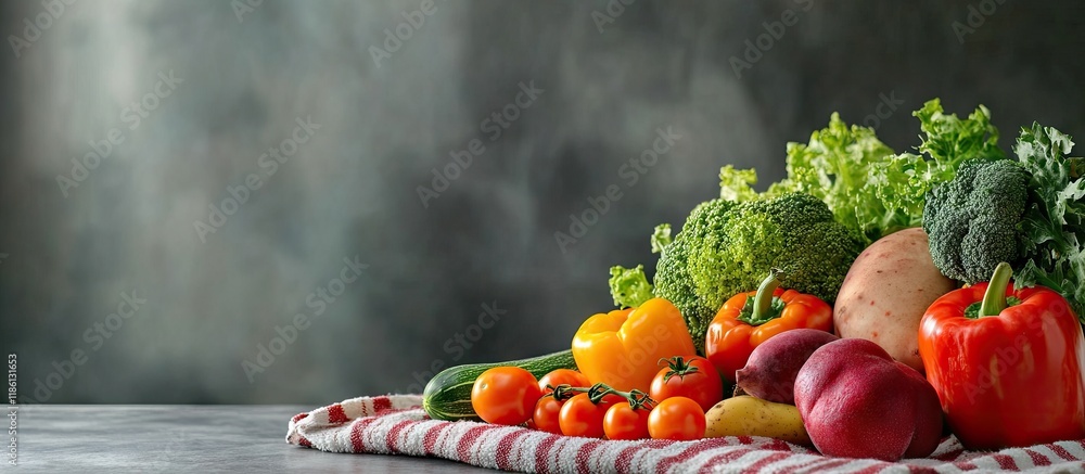 Leinwandbilder festive arrangement of fresh vegetables and fruit on a striped towel. with copy space image. place f