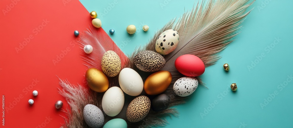 Aufkleber quail eggs in various colors alongside white gold and silver candies are placed on a large feather s