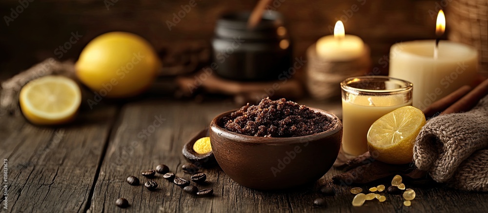 Poster handcrafted scrub featuring coffee lemon and argan oil spa essentials candles. with copy space image
