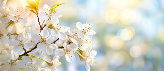 Obraz premium Close up of white cherry plum flower branches blooming in spring Numerous white flowers against a sunny spring day with a blurred blue sky background Selective focus An intriguing nature concept fo