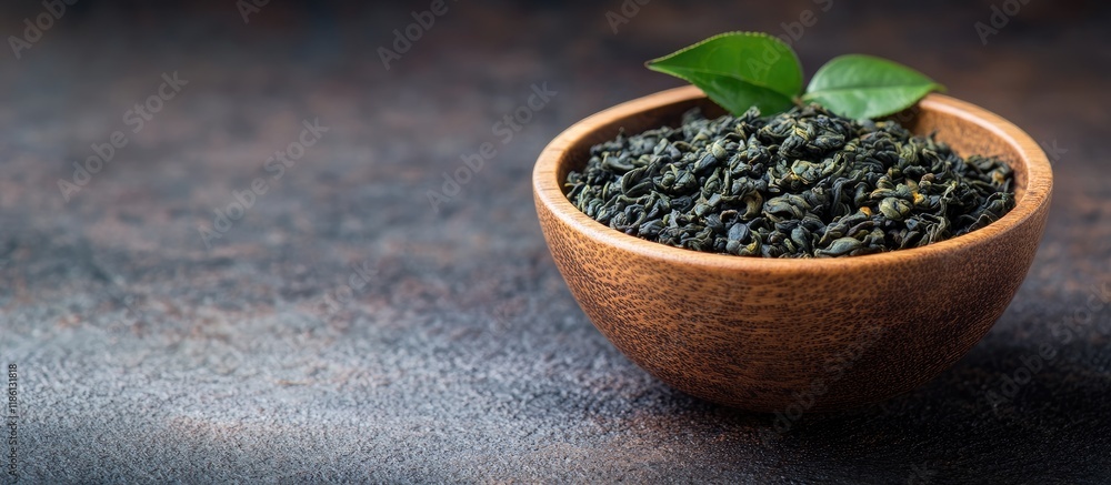 Poster dried organic green oolong tea in a wooden bowl. with copy space image. place for adding text or des