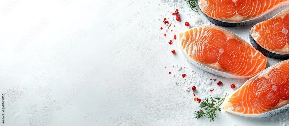 Poster a collection of fresh raw salmon steaks seasoned red fish slices with salt and spices on a white tab