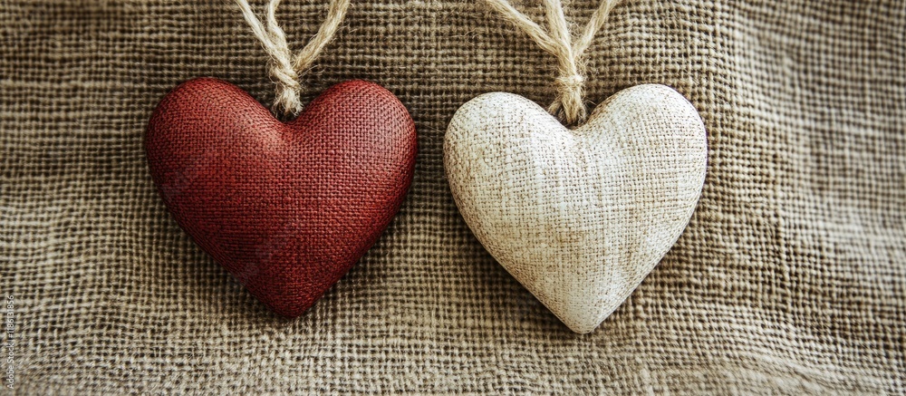 Poster Two ornamental hearts on a burlap backdrop Concept for a Valentine s Day card. with copy space image. Place for adding text or design