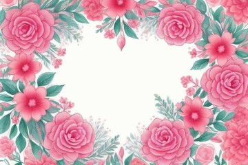 a pink flower frame with green leaves and flowers