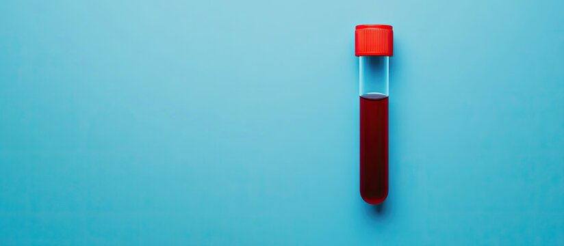 Blood in a plastic test tube against a blue background Top view. with copy space image. Place for adding text or design