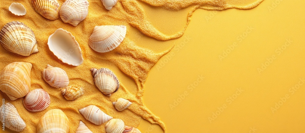 Poster summer at the beach design for a blog featuring shells on sand with a yellow background top view cop