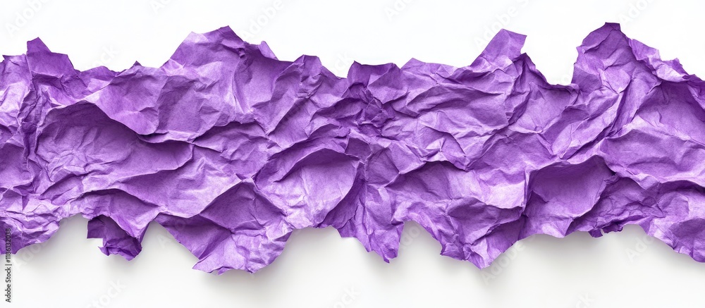 Poster Purple crumpled paper fragments with torn edges isolated on a white background Recycled craft paper featuring a wrinkled creased texture and a grunge ripped border Template mockup with copyspace for