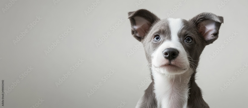 Poster White gray brown puppy in a studio setting. with copy space image. Place for adding text or design