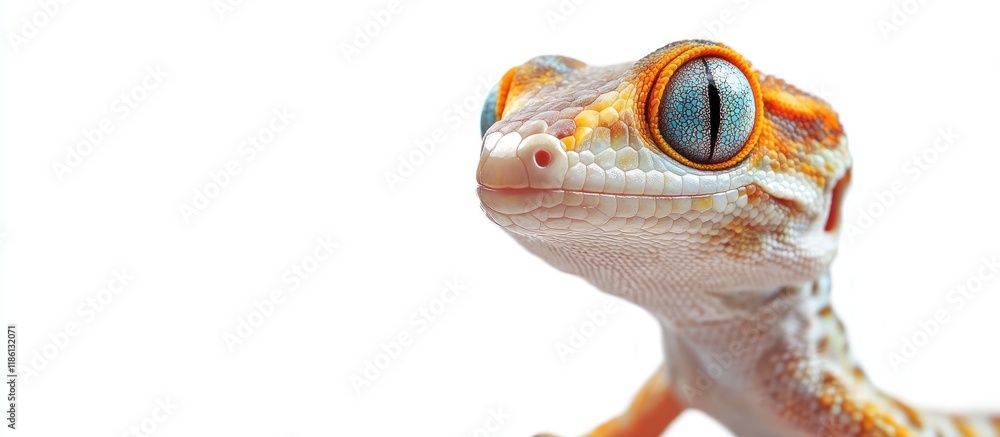 Poster Close up of a gecko lizard against an isolated white background. with copy space image. Place for adding text or design