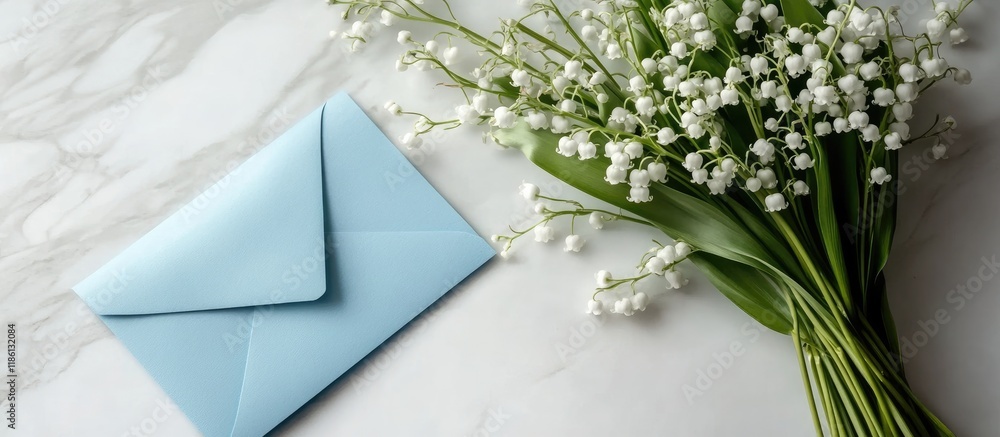 Aufkleber A bouquet of lilies of the valley accompanied by a blue envelope on a white table. with copy space image. Place for adding text or design