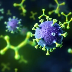 Purple Virus Cell With Antibodies In A Dark Background 3D Render