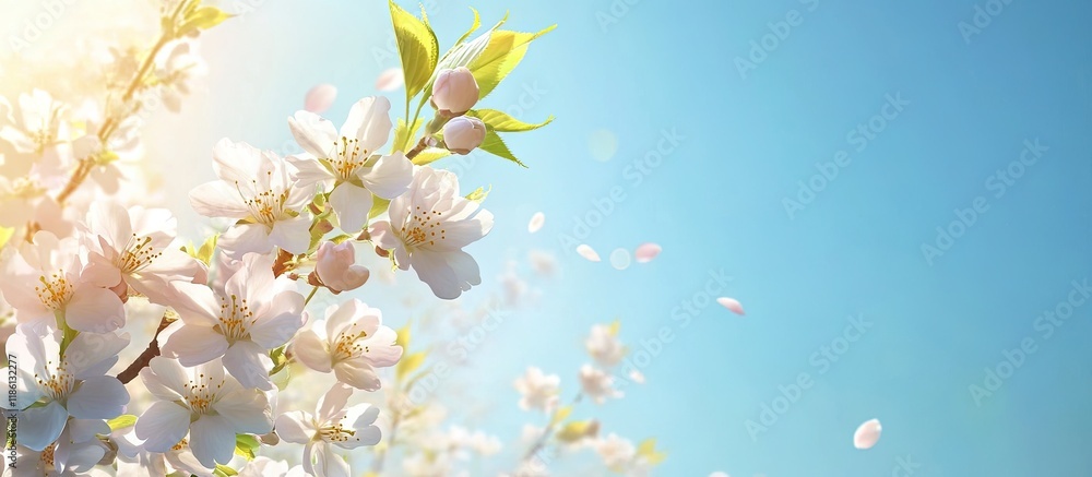 Leinwandbilder double cherry blossoms are in full bloom a branch with flowers stands against a blue sky with sunlig