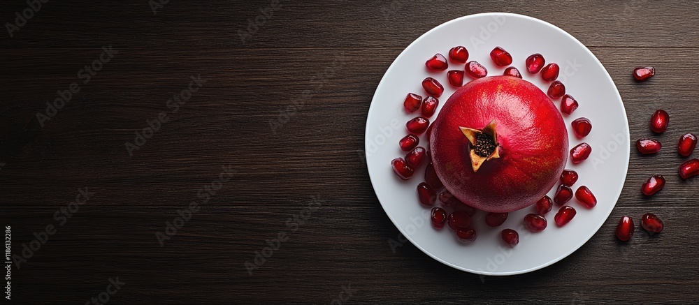 Poster juicy pomegranate with seeds on a plate on a dark wooden table viewed from above with copy space