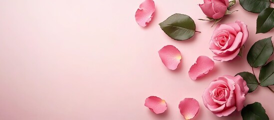 Lovely roses on a light pink background top view Area for text. with copy space image. Place for adding text or design