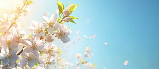 Obraz premium Double cherry blossoms are in full bloom A branch with flowers stands against a blue sky with sunlight streaming through the blossoms. with copy space image. Place for adding text or design