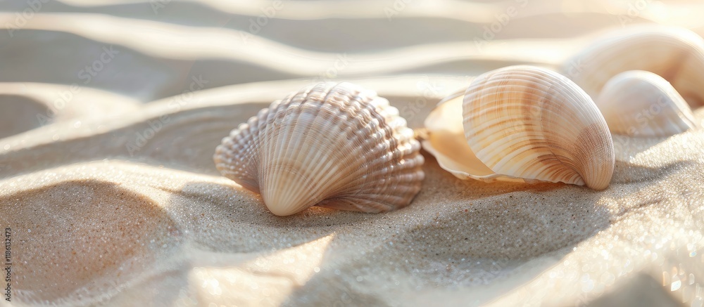 Poster Lovely seashells on a sandy shore. with copy space image. Place for adding text or design