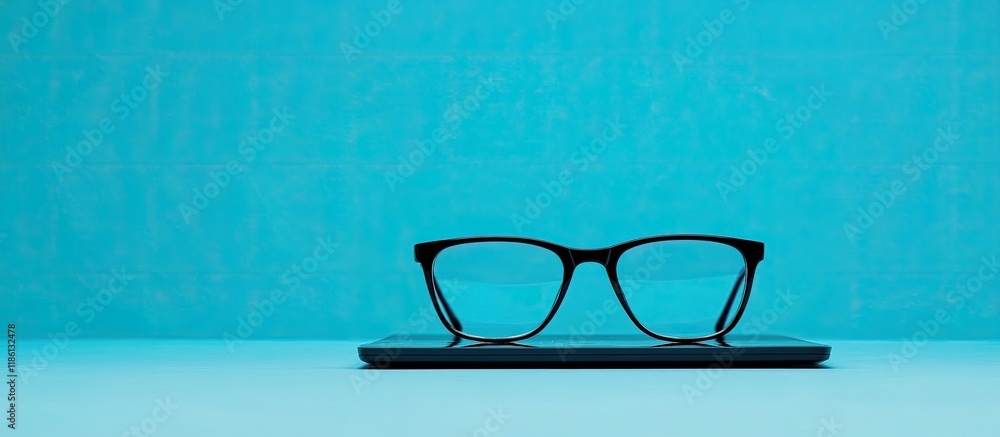 Poster Glasses placed on a laptop against a blue background Template for office and work related projects High quality photo. with copy space image. Place for adding text or design