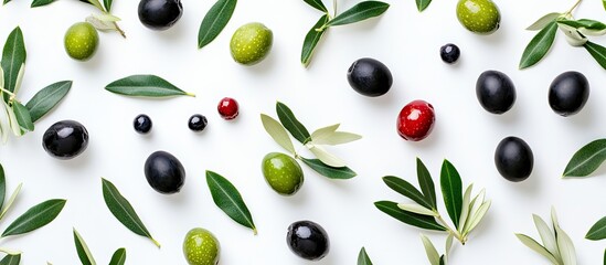 Pattern featuring green black and red olives alongside olive tree leaves and branches on a white background A mixture of olive tree fruits and branches provides a background with copy space Top view