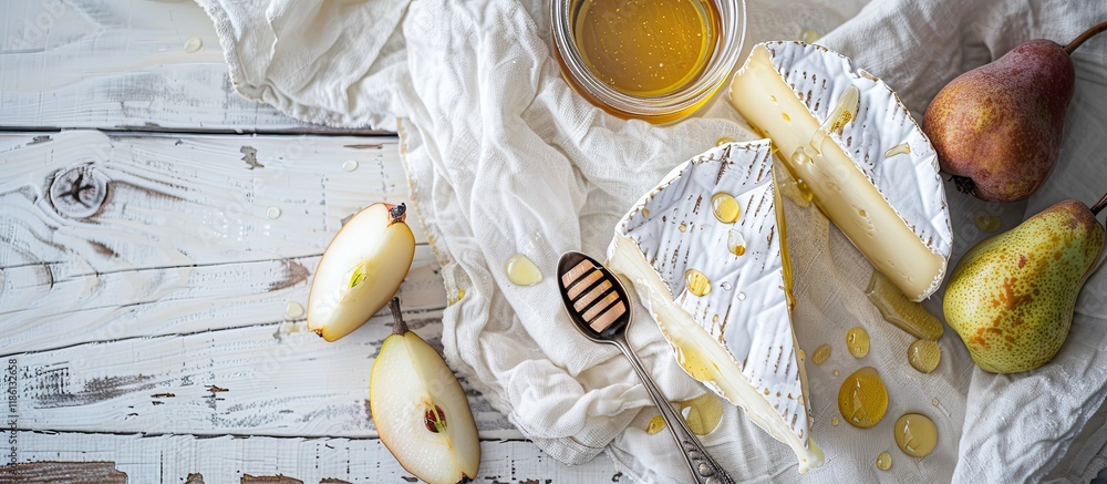 Poster french soft cheese from the normandy region on a slice accompanied by honey a pear and a spoon place