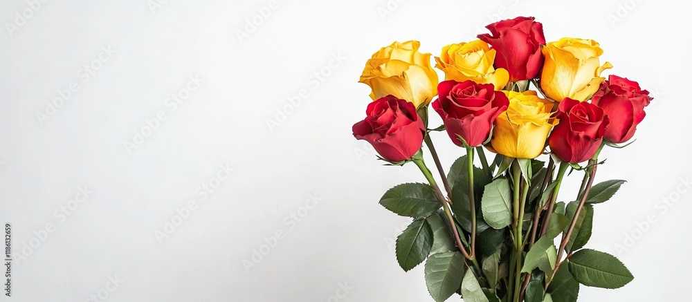 Leinwandbilder a bouquet of red and yellow roses set against a white background. with copy space image. place for a