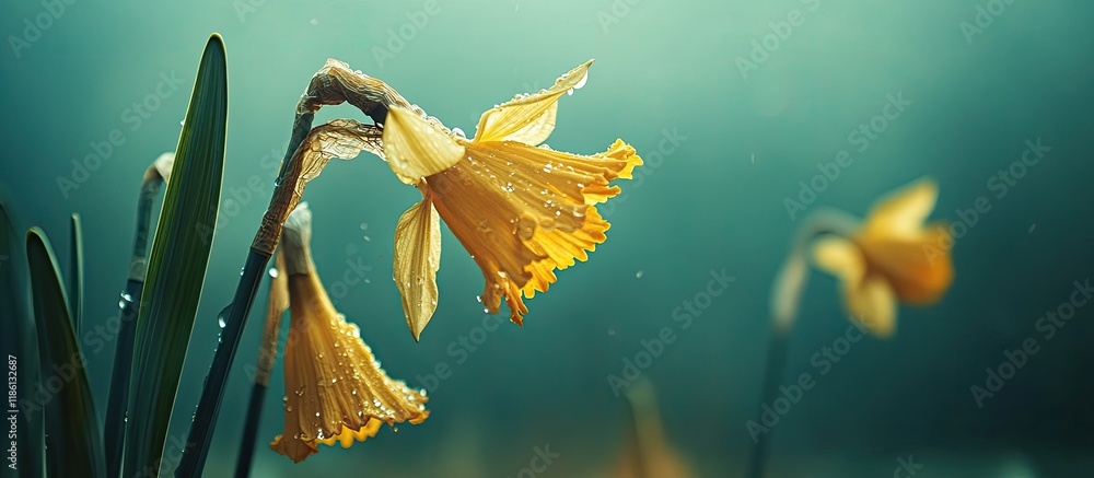 Leinwandbilder close up of yellow narcissus daffodil against a green background featuring dried flowers with long g