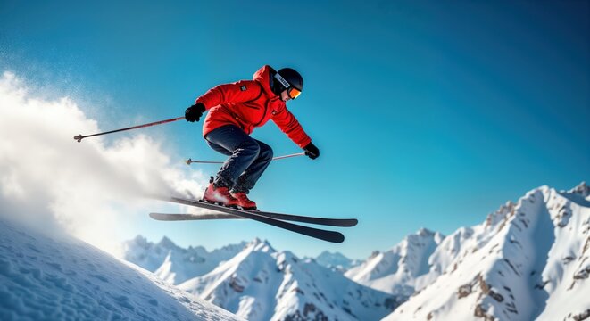 Skier jumps high in air on snowy mountain slope. Person wears red jacket, ski equipment. Beautiful winter day with clear blue sky. Snowy mountains in background. Active winter sport. Extreme winter