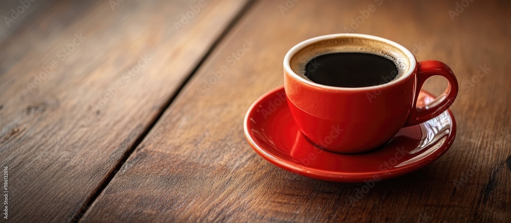 Poster a red cup of black americano coffee on a saucer positioned at the edge of a wooden table in a cafe w
