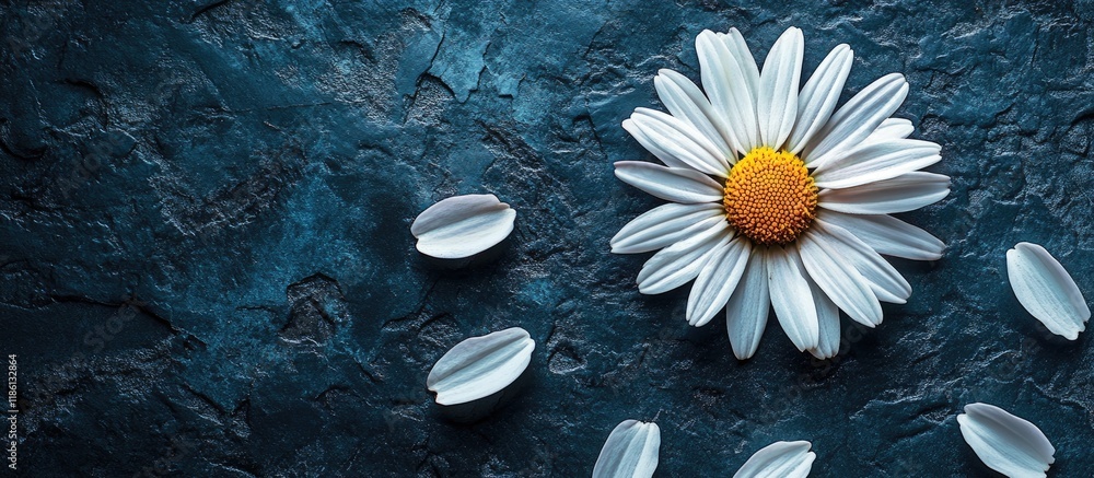 Poster A solitary daisy flower against an anthracite background with individual petals surrounding it conveys love. with copy space image. Place for adding text or design