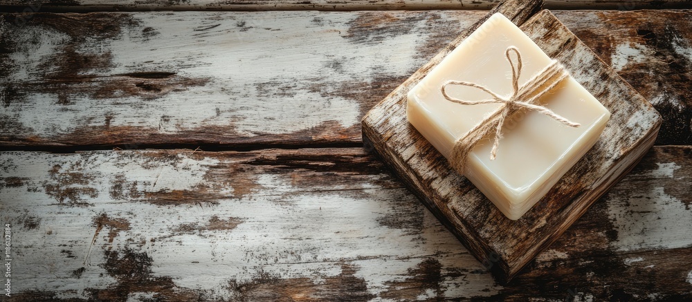 Poster organic soap on weathered bright wood backdrop. with copy space image. place for adding text or desi